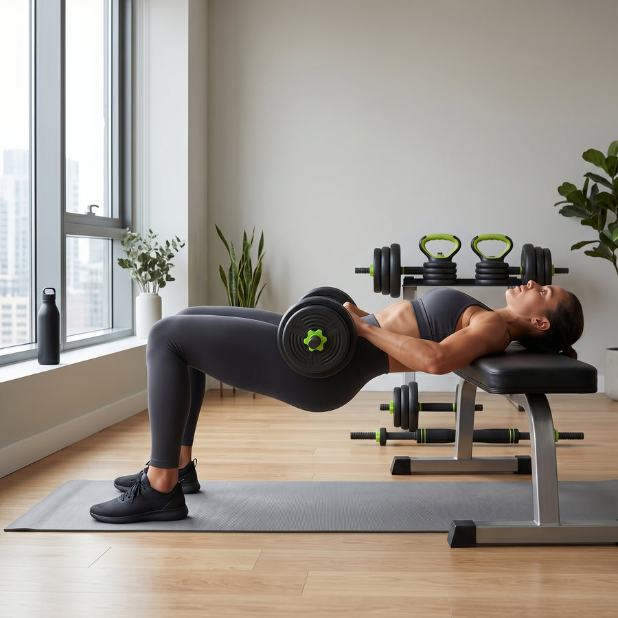 CINQ dumbbell on shelf with ceramics and books